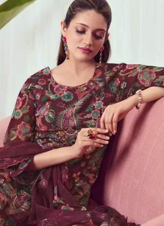 Maroon Digital Print and Sequins Work Georgette Salwar Suit