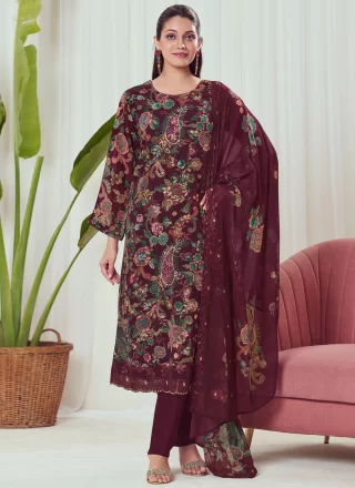 Maroon Digital Print and Sequins Work Georgette Salwar Suit