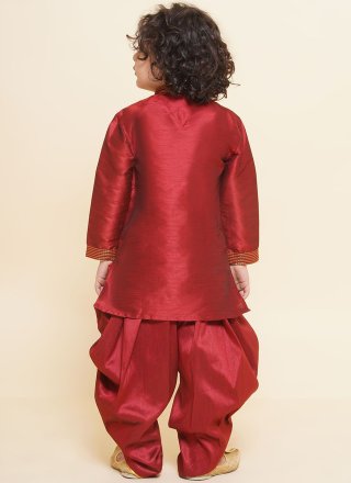 Maroon Dupion Silk Dhoti Kurta with Embroidered Work for Kid
