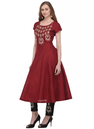 Maroon Dupion Silk Embroidered and Patch Border Work Salwar Suit for Ceremonial