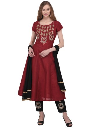Maroon Dupion Silk Embroidered and Patch Border Work Salwar Suit for Ceremonial