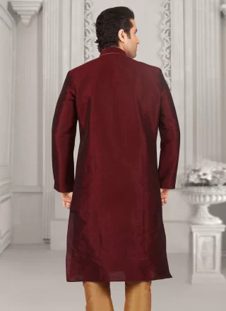 Maroon Dupion Silk Embroidered Work Kurta Pyjama for Engagement