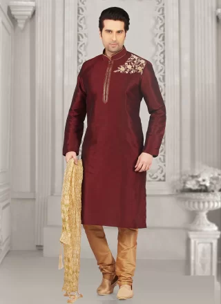 Maroon Dupion Silk Embroidered Work Kurta Pyjama for Engagement