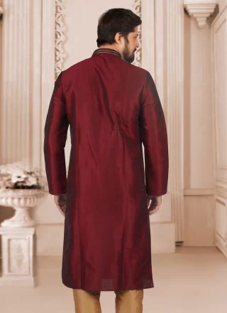 Maroon Dupion Silk Kurta Pyjama with Embroidered Work