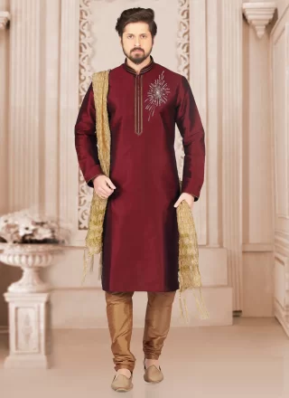 Maroon Dupion Silk Kurta Pyjama with Embroidered Work