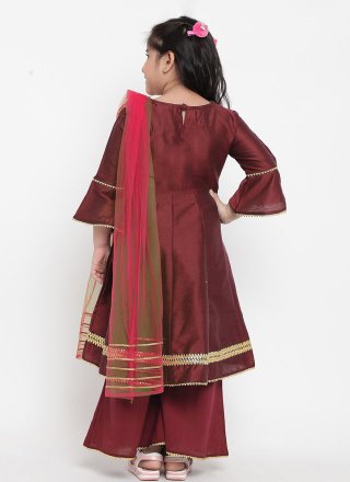 Maroon Dupion Silk Readymade Salwar Suit with Embroidered Work