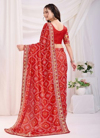 Maroon Embroidered and Print Work Vichitra Silk Classic Saree