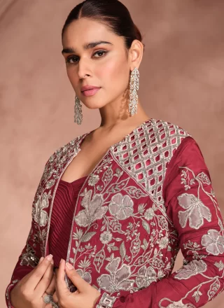 Maroon Embroidered Work Chinon Readymade Lehenga Choli