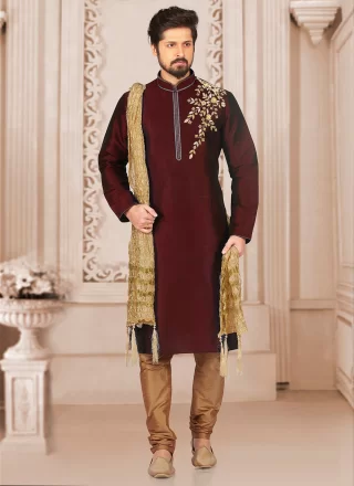 Maroon Embroidered Work Dupion Silk Kurta Pyjama