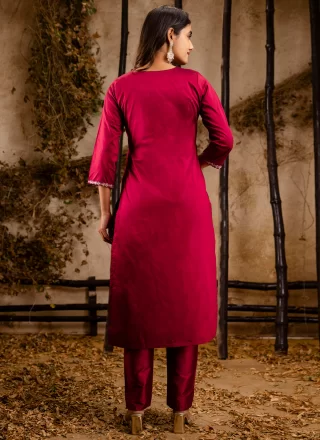 Maroon Embroidered Work Silk Blend Salwar Suit