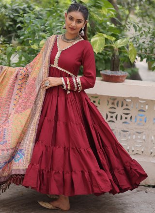 Maroon Fancy Fabric  Designer Gown with Lace Work