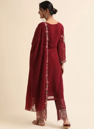 Maroon Fancy Fabric Embroidered and Zari Work Trendy Suit