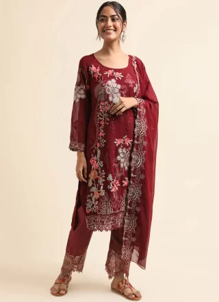 Maroon Fancy Fabric Embroidered and Zari Work Trendy Suit