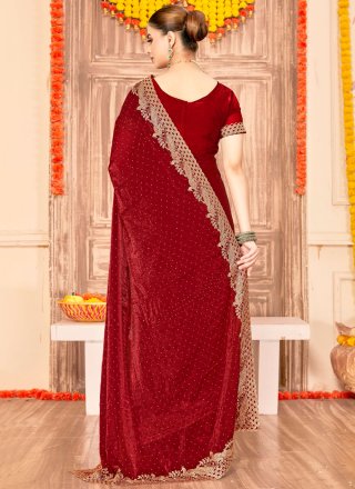 Maroon Fandy Classic Sari with Embroidered, Swarovski and Zari Work
