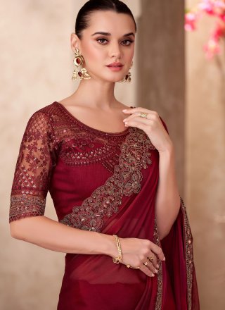 Maroon Faux Chiffon Patch Border, Embroidered and Lace Work Traditional Saree