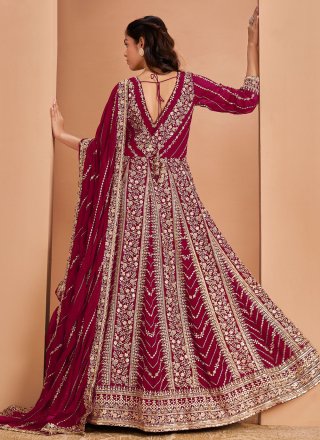 Maroon Faux Georgette Anarkali Suit with Embroidered and Sequins Work for Women