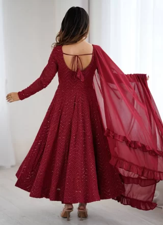 Maroon Faux Georgette Anarkali Suit with Lucknowi Work and Sequins Work