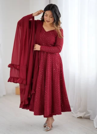 Maroon Faux Georgette Anarkali Suit with Lucknowi Work and Sequins Work