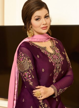 Maroon Faux Georgette Embroidered and Resham Work Palazzo Salwar Suit