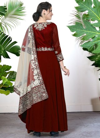 Maroon Faux Georgette Embroidered, Thread and Zari Work Floor Length Salwar Suit