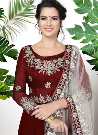 Maroon Faux Georgette Embroidered, Thread and Zari Work Floor Length Salwar Suit
