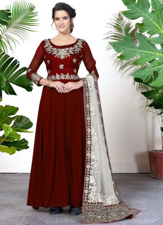 Maroon Faux Georgette Embroidered, Thread and Zari Work Floor Length Salwar Suit