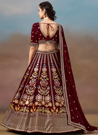 Maroon Georgette A - Line Lehenga Choli with Dori, Embroidered, Multi, Sequins, Thread and Zari Work for Engagement