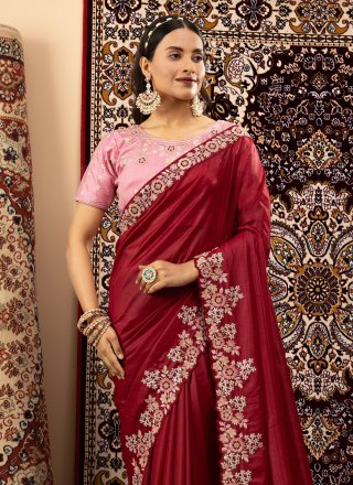 Maroon Georgette Contemporary Saree with Embroidered Work