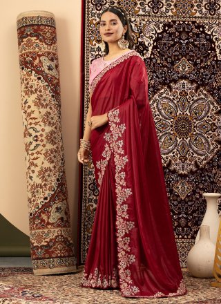 Maroon Georgette Contemporary Saree with Embroidered Work
