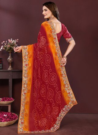 Maroon Georgette Designer Saree with Digital Print and Embroidered Work for Ceremonial