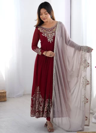 Maroon Georgette Embroidered, Multi, Sequins, Thread and Zari Work Anarkali Suit for Ceremonial