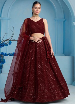 Maroon Georgette Embroidered, Sequins and Thread Work Lehenga Choli