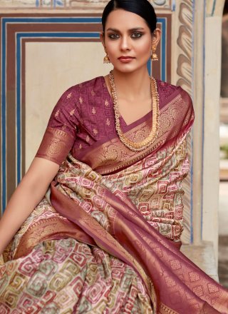Maroon Handloom Silk Patch Border, Fancy, Print and Zari Work Traditional Saree for Ceremonial