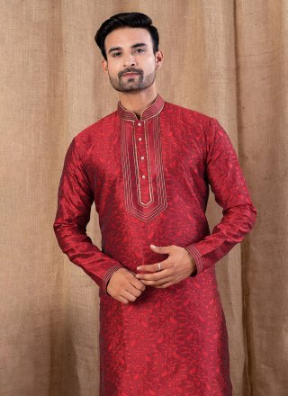 Maroon Jacquard Buttons and Thread Work Kurta Pyjama for Ceremonial