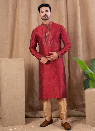 Maroon Jacquard Buttons and Thread Work Kurta Pyjama for Ceremonial