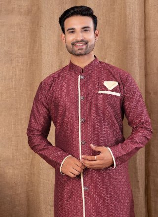 Maroon Jacquard Buttons Work Indo Western for Ceremonial