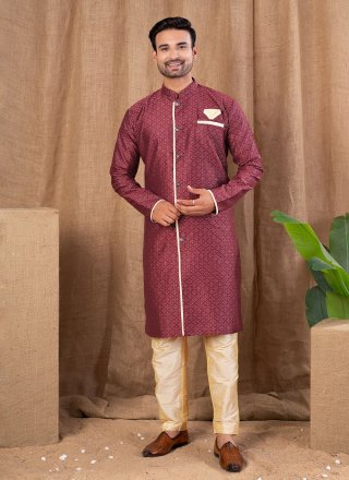 Maroon Jacquard Buttons Work Indo Western for Ceremonial