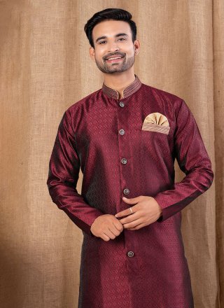 Maroon Jacquard Buttons Work Indo Western