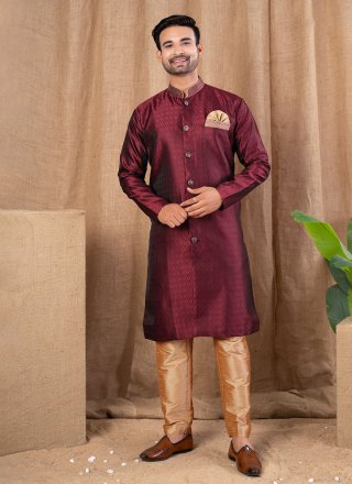 Maroon Jacquard Buttons Work Indo Western
