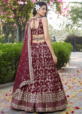 Maroon Jacquard Embroidered, Jacquard, Sequins and Zari Work Lehenga Choli for Ceremonial