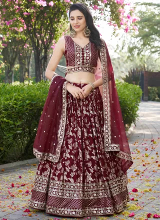 Maroon Jacquard Embroidered, Jacquard, Sequins and Zari Work Lehenga Choli for Ceremonial