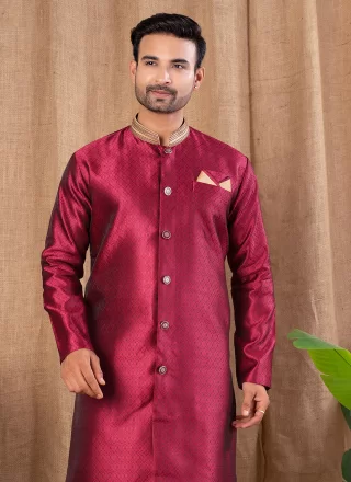 Maroon Jacquard Indo Western with Buttons Work for Ceremonial