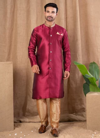 Maroon Jacquard Indo Western with Buttons Work for Ceremonial