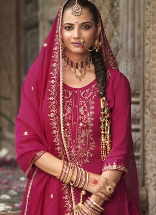 Maroon Jacquard Punjabi Salwar Suit with Embroidered and Resham Work for Women