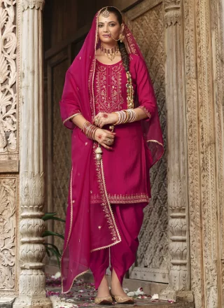 Maroon Jacquard Punjabi Salwar Suit with Embroidered and Resham Work for Women