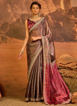 Maroon JIMMY CHU Patch Border, Embroidered and Zari Work Designer Sari