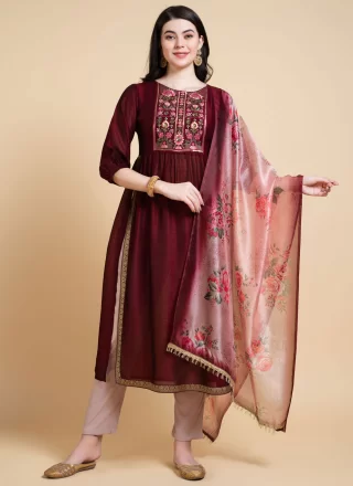 Maroon Lycra Embroidered Work Pant Style Suit