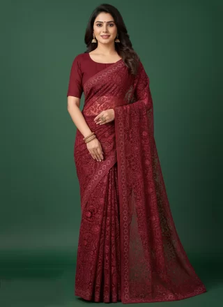 Maroon Organza Embroidered and Thread Work Contemporary Sari for Ceremonial