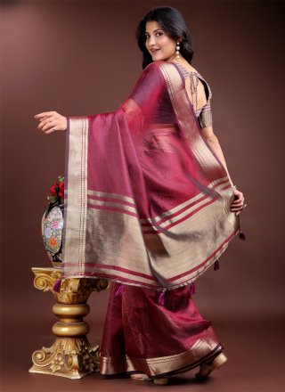 Maroon Organza Trendy Saree with Weaving Work