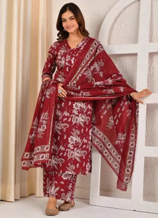 Maroon Print Work Cotton Salwar Suit